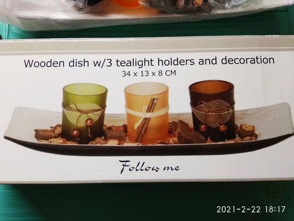 деревянная декоративная тарелка с 3 подсвечниками для чайных свечек
